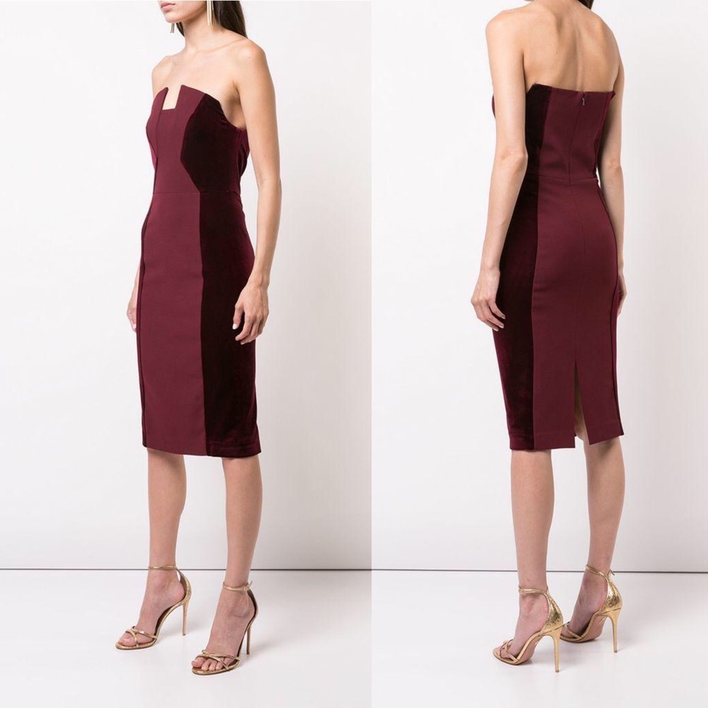 Black Halo Lena Strapless Tuxedo Dress W/ Velvet Sides In Red